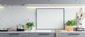 Mock up poster frame in kitchen interior, Scandinavian style, panoramic background Royalty Free Stock Photo