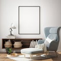 Mock up poster frame in hipster interior background, living room,Scandinavian style, 3D render, 3D illustration Royalty Free Stock Photo