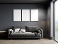 mock up poster frame in Luxury dark living room interior background, black empty wall mock up, modern living room with gray sofa Royalty Free Stock Photo