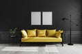 Mock up poster frame in Luxury dark living room interior background, black empty wall mock up, modern living room with yellow sofa