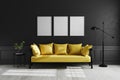 Mock up poster frame in Luxury dark living room interior background, black empty wall mock up, modern living room with yellow sofa Royalty Free Stock Photo