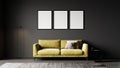 mock up poster frame in Luxury dark living room interior background, black empty wall mock up, modern living room with yellow sofa Royalty Free Stock Photo