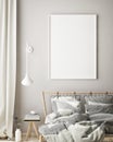 Mock up poster frame in modern bedroom interior background, living room, Scandinavian style, 3D render, 3D illustration Royalty Free Stock Photo