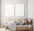 Mock up poster frame in modern bedroom interior background, living room, Scandinavian style, 3D render, 3D illustration Royalty Free Stock Photo