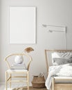 Mock up poster frame in modern bedroom interior background, living room, Scandinavian style, 3D render, 3D illustration Royalty Free Stock Photo