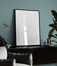mock up poster frame in modern blue light interior background, living room, Scandinavian style, 3D render, 3D illustration Royalty Free Stock Photo