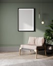 mock up poster frame in modern green interior background, living room, Scandinavian style, 3D render, 3D illustration Royalty Free Stock Photo