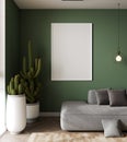 mock up poster frame in modern green interior background, living room, Scandinavian style, 3D render, 3D illustration Royalty Free Stock Photo