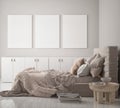 Mock up poster frame in modern interior background, bedroom, Scandinavian style, 3D render Royalty Free Stock Photo