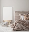 Mock up poster frame in modern interior background, bedroom, Scandinavian style, 3D render Royalty Free Stock Photo