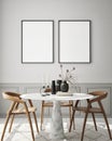 Mock up poster frame in modern interior background, bedroom, Scandinavian style, 3D render Royalty Free Stock Photo