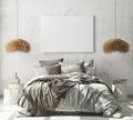 Mock up poster frame in modern interior background, bedroom, Scandinavian style, 3D render Royalty Free Stock Photo