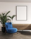 Mock up poster frame in modern interior background with blue armchair and plant in the room, 3d rendering Royalty Free Stock Photo