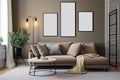 Mock up poster frame in modern interior background, 3d render, Mockup poster frame on the wall in a living room, AI Generated Royalty Free Stock Photo