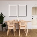 Mock up poster frame in modern interior background, dining room, Scandinavian style, 3D render Royalty Free Stock Photo