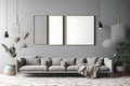 Mock up poster frame in modern interior background, gallery wall in gray living room Generated Ai Royalty Free Stock Photo