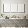 Mock up poster frame in modern interior background, kitchen, Scandinavian style, 3D render