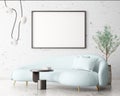 Mock up poster frame in modern interior background, living room. Modern interior design with sofa, coffee table, lamp, stone wall Royalty Free Stock Photo