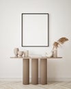 Mock up poster frame in modern interior background living room minimalistic style 3D render