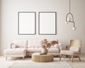 Mock up poster frame in modern interior background living room minimalistic style 3D render