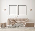 Mock up poster frame in modern interior background living room minimalistic style 3D render