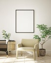 Mock up poster frame in modern interior background living room minimalistic style 3D render