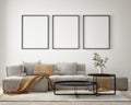 Mock up poster frame in modern interior background living room minimalistic style 3D render