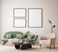 Mock up poster frame in modern interior background living room minimalistic style 3D render