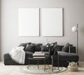 Mock up poster frame in modern interior background, living room, Scandinavian style, 3D render, 3D illustration Royalty Free Stock Photo