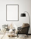 Mock up poster frame in modern interior background, close up, livingroom, Scandinavian style, 3D render Royalty Free Stock Photo