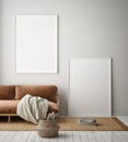 Mock up poster frame in modern interior background, living room, Scandinavian style, 3D render