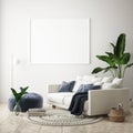 Mock up poster frame in modern interior background, living room, Scandinavian style, 3D render