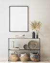 Mock up poster frame in modern interior background, living room, Scandinavian style, 3D render Royalty Free Stock Photo
