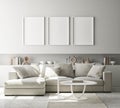 Mock up poster frame in modern interior background living room Scandinavian style 3D render 3D illustration