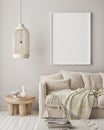 Mock up poster frame in modern interior background, living room, Scandinavian style, 3D render Royalty Free Stock Photo