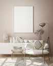 Mock up poster frame in modern interior background, livingroom, Scandinavian style, 3D render Royalty Free Stock Photo