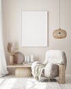 Mock up poster frame in modern interior background, livingroom, Scandinavian style, 3D render Royalty Free Stock Photo