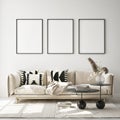 Mock up poster frame in modern interior background, livingroom, Scandinavian style, 3D render