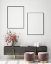 Mock up poster frame in modern interior background, livingroom, Scandinavian style, 3D render Royalty Free Stock Photo