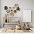 Mock up poster frame in modern interior background with wall baskets, living room, boho style, 3D render