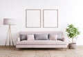 Mock up poster frame in modern interior design, stylish home decor with pink sofa and rattan basket on white background