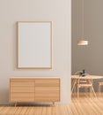 Mock up poster frame in modern interior with wooden furnitures.  Minimalist dining room design. 3D illustration Royalty Free Stock Photo