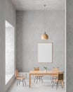 Mock up poster frame in modern, spacious dining room with concrete walls. Minimalist dining room design. 3D illustration