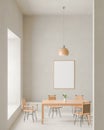 Mock up poster frame in modern, spacious dining room with concrete walls. Minimalist dining room design. 3D illustration