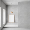 Mock up poster frame in modern, spacious room with concrete walls. Minimalist modern room design. 3D illustration