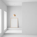 Mock up poster frame in modern, spacious room with concrete walls. Minimalist modern room design. 3D illustration