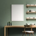 Mock up poster frame in modern style interior with wooden work desk. Minimalist workplace design. 3D illustration