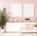 Mock up poster frame in pastel pink kitchen interior