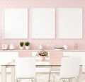 Mock up poster frame in pastel pink kitchen interior Royalty Free Stock Photo