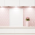 Mock up poster frame in pastel pink kitchen interior